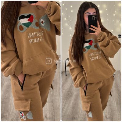 Palestinian Lives Matter Teddy Embroidery Hoodie Cargo Tracksuit